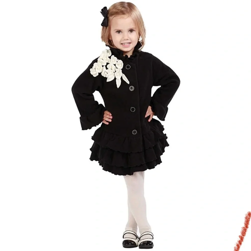 Mack & Co. Girls Luxury Black Fleece Coat with White Applique Flowers …